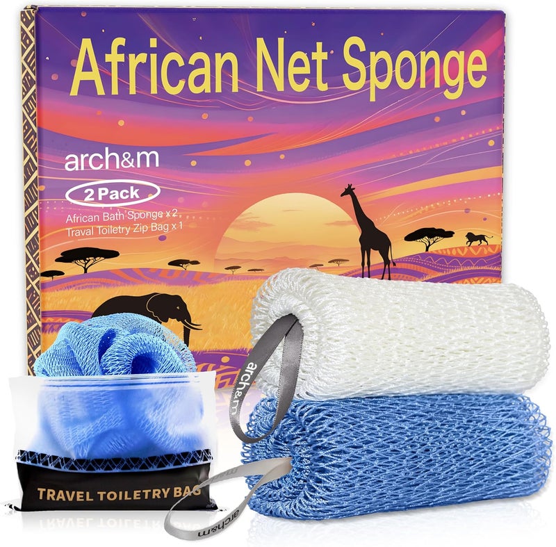 ARCH&M African Net Sponge Afro Scrub - Authentic African Wash Cloths Exfoliating Body Sponges for Showering Back Scrubber Exfoliator Shower Loofah for Body Care Bath Accessories Off White + Sky Blue - Image 1